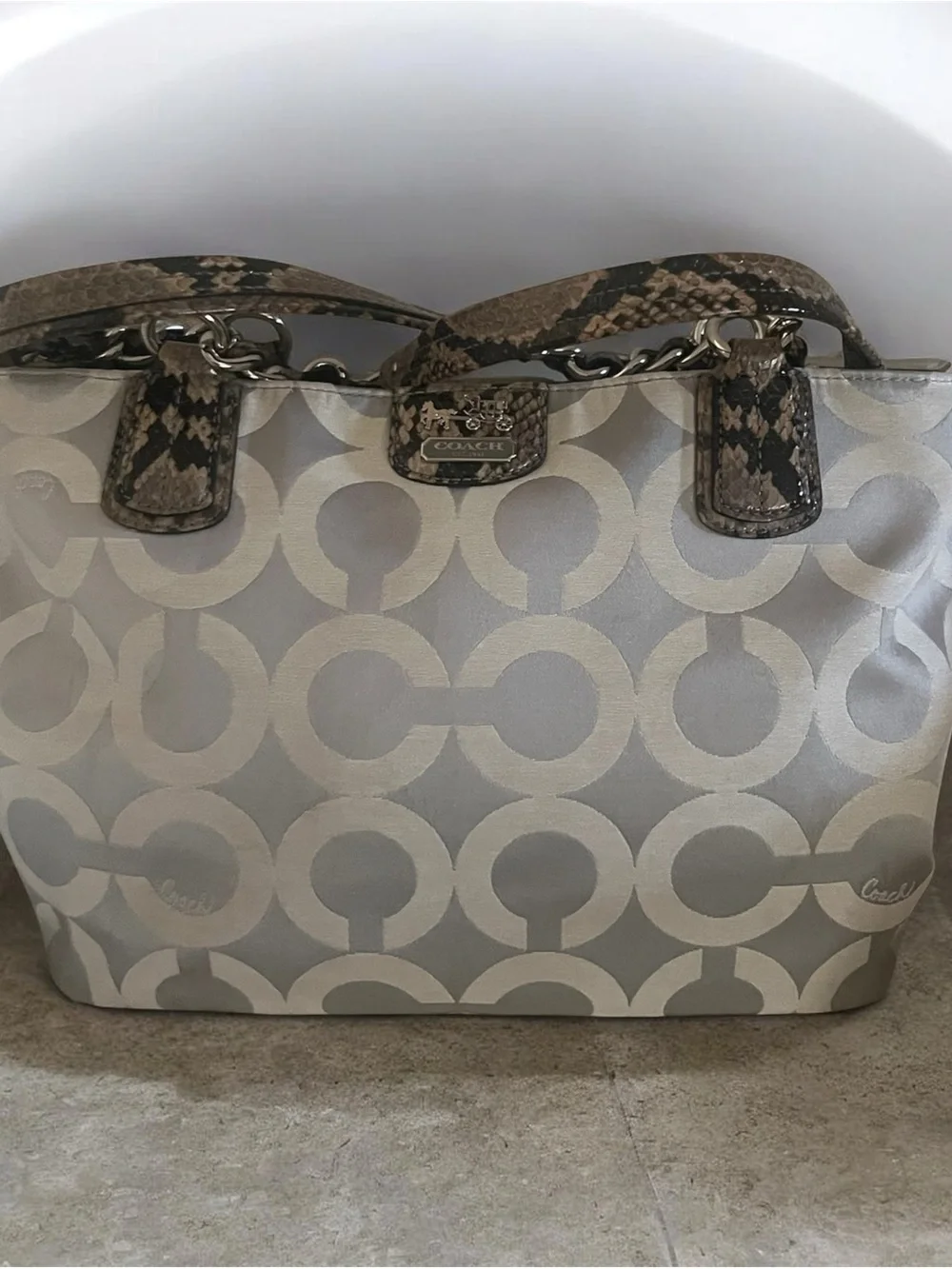 Coach Madison Op Art Signature Sateen Shoulder Tote Chain Handles EUC